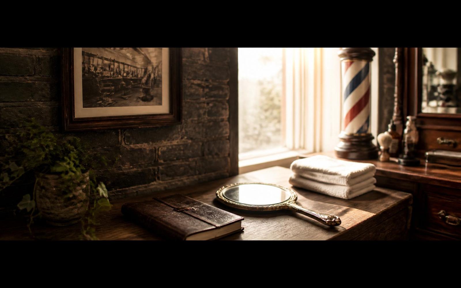 Cinematic panoramic salon heritage still life — shadowed exposed brick wall with vintage framed barbershop photograph and trailing ivy transitioning to sunlit wooden counter with antique brass hand mirror, folded cream towels and a classic barber pole