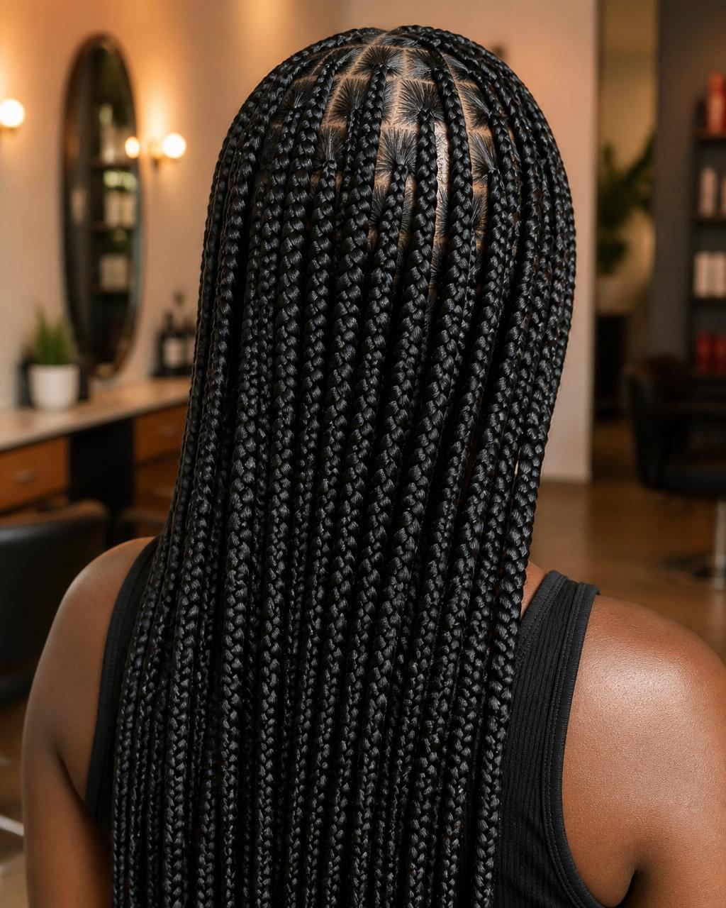 Braider parting hair with a rat-tail comb between neat cornrows