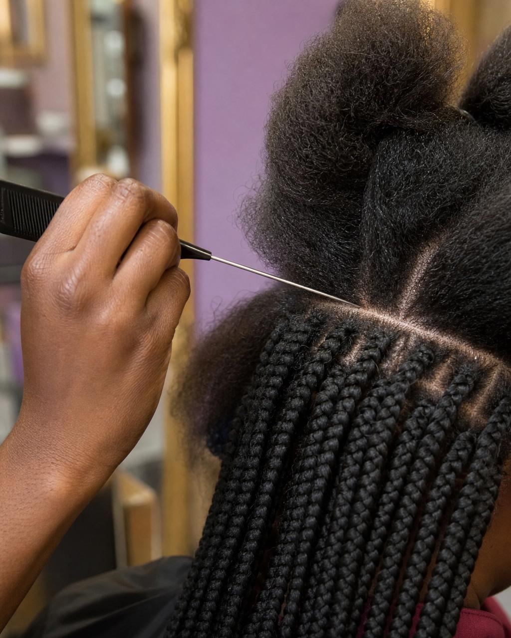 Braider using a metal rat-tail parting comb to create clean straight parts between neat cornrow braids on natural hair