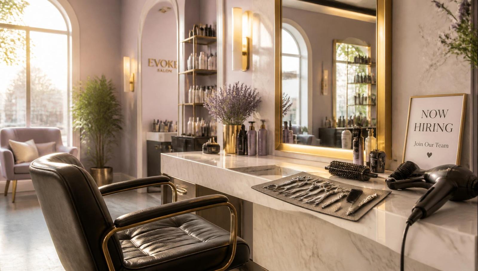 Bright salon styling station with professional shears, brushes and a Now Hiring sign at Glamour Unisex Salon