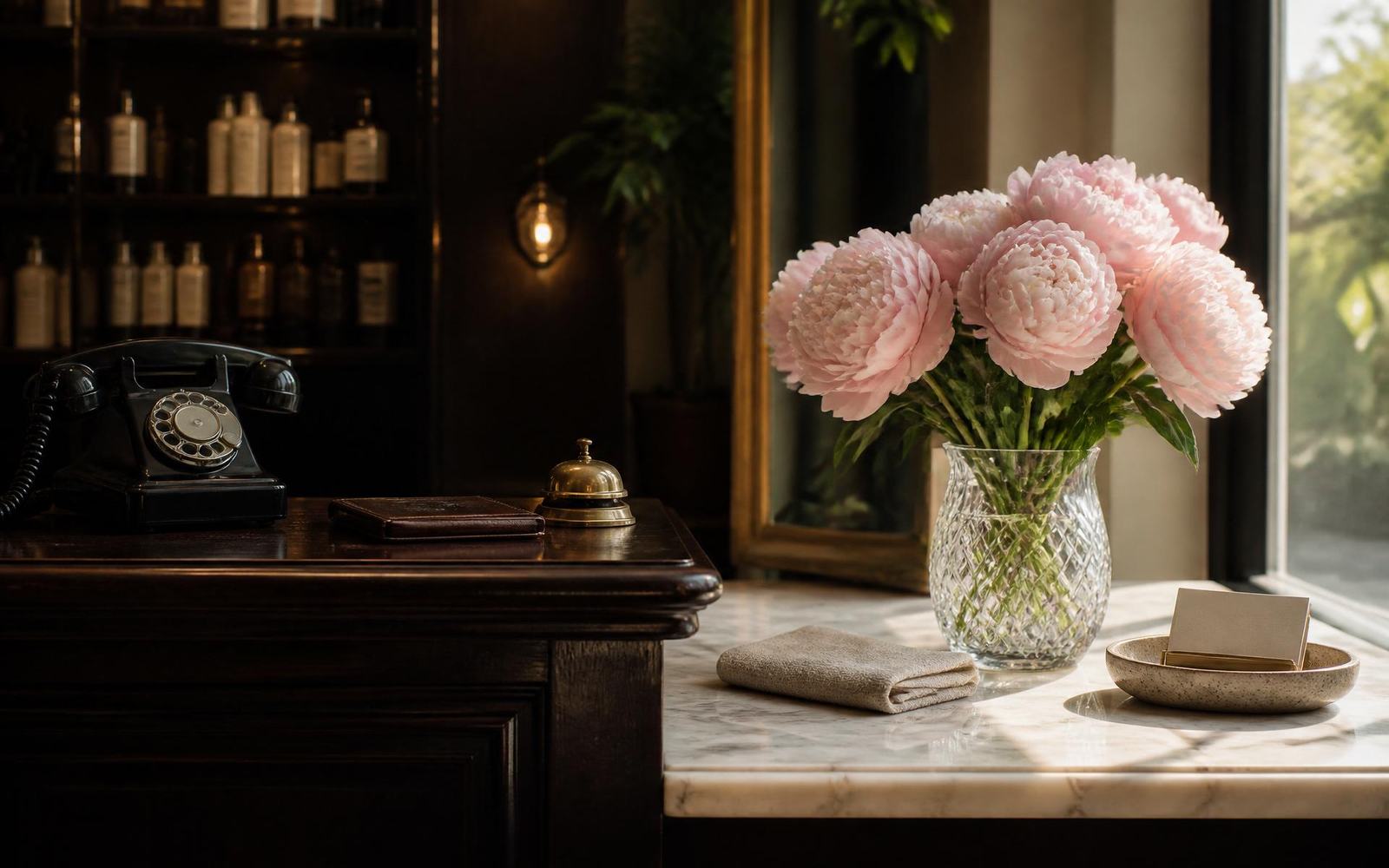 Panoramic salon reception still life — dark walnut counter with vintage black rotary phone and brass bell fading into sunlit white marble countertop with a crystal vase of fresh blush peonies and folded linen towel