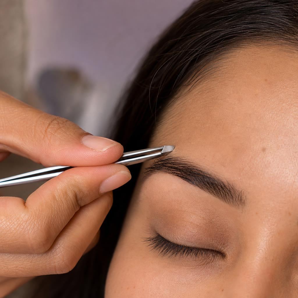 Esthetician using stainless-steel slanted-tip tweezers to precisely shape a well-groomed dark eyebrow arch, eye softly closed