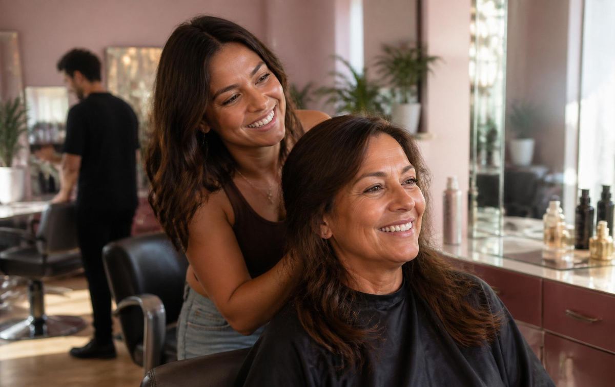 Mother and daughter smiling together during a warm family salon visit