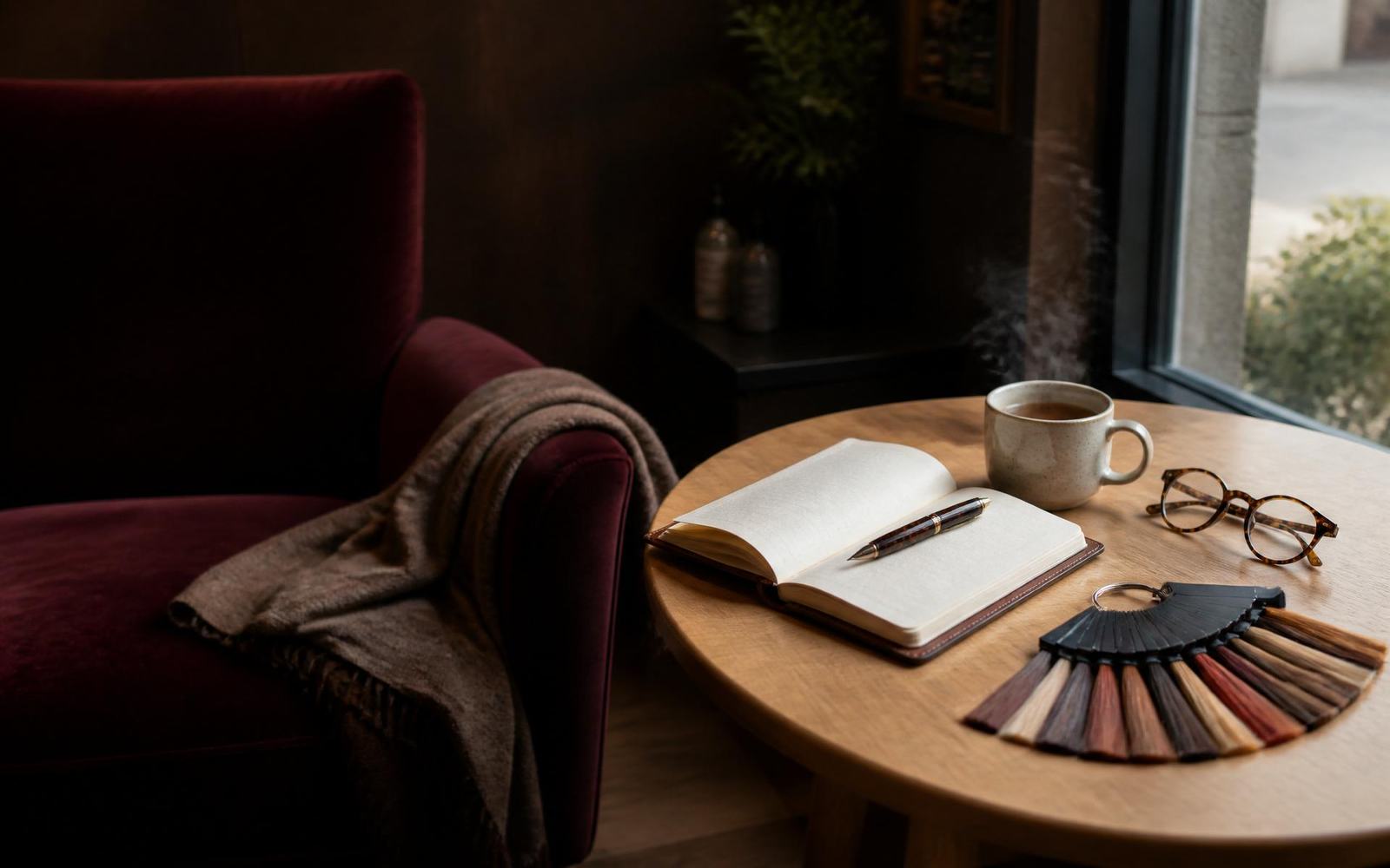 Cinematic panoramic salon consultation nook — shadowed burgundy velvet armchair with wool throw transitioning into sunlit oak side table holding an open leather notebook, steaming ceramic mug, tortoiseshell reading glasses and a fanned hair color swatch ring