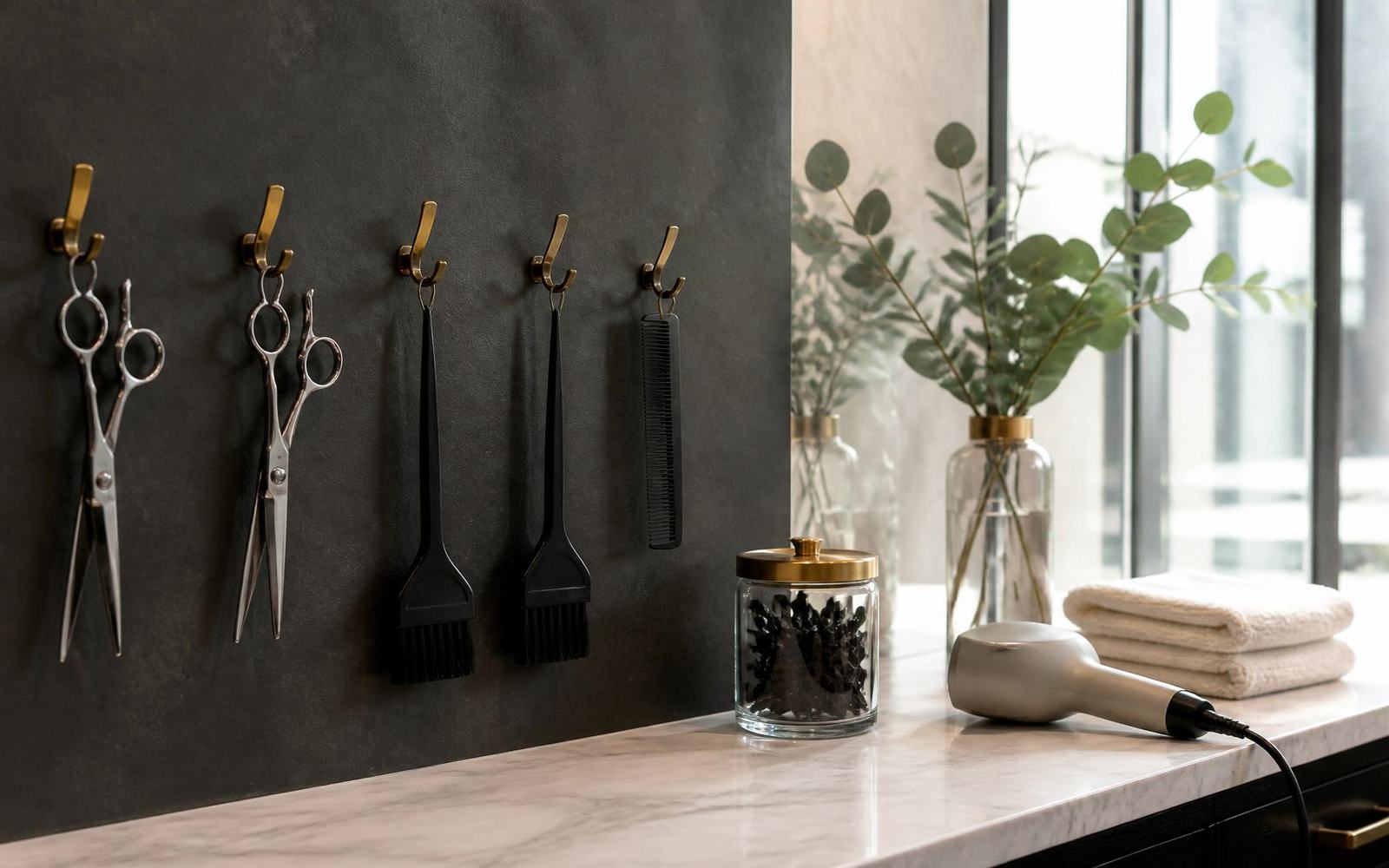 Panoramic salon styling wall still life — shadowed matte-black plaster wall with brass hooks holding professional shears, tint brushes and a tail comb transitioning into a sunlit white marble counter with a ceramic blowdryer, glass jar of clips and fresh eucalyptus stems