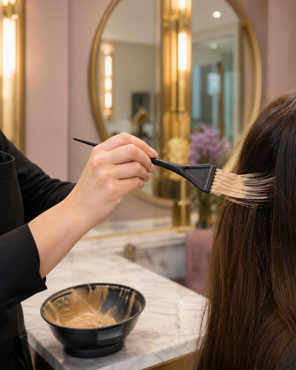 Stylist's hand applying caramel-blonde hair color with a professional black tint brush to long brown hair in a warm Brentwood salon