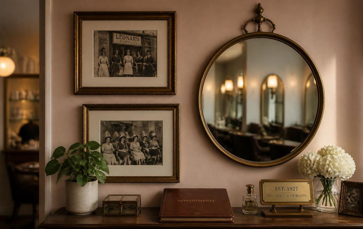 Vintage framed photographs and antique brass mirror representing a 20 year salon legacy