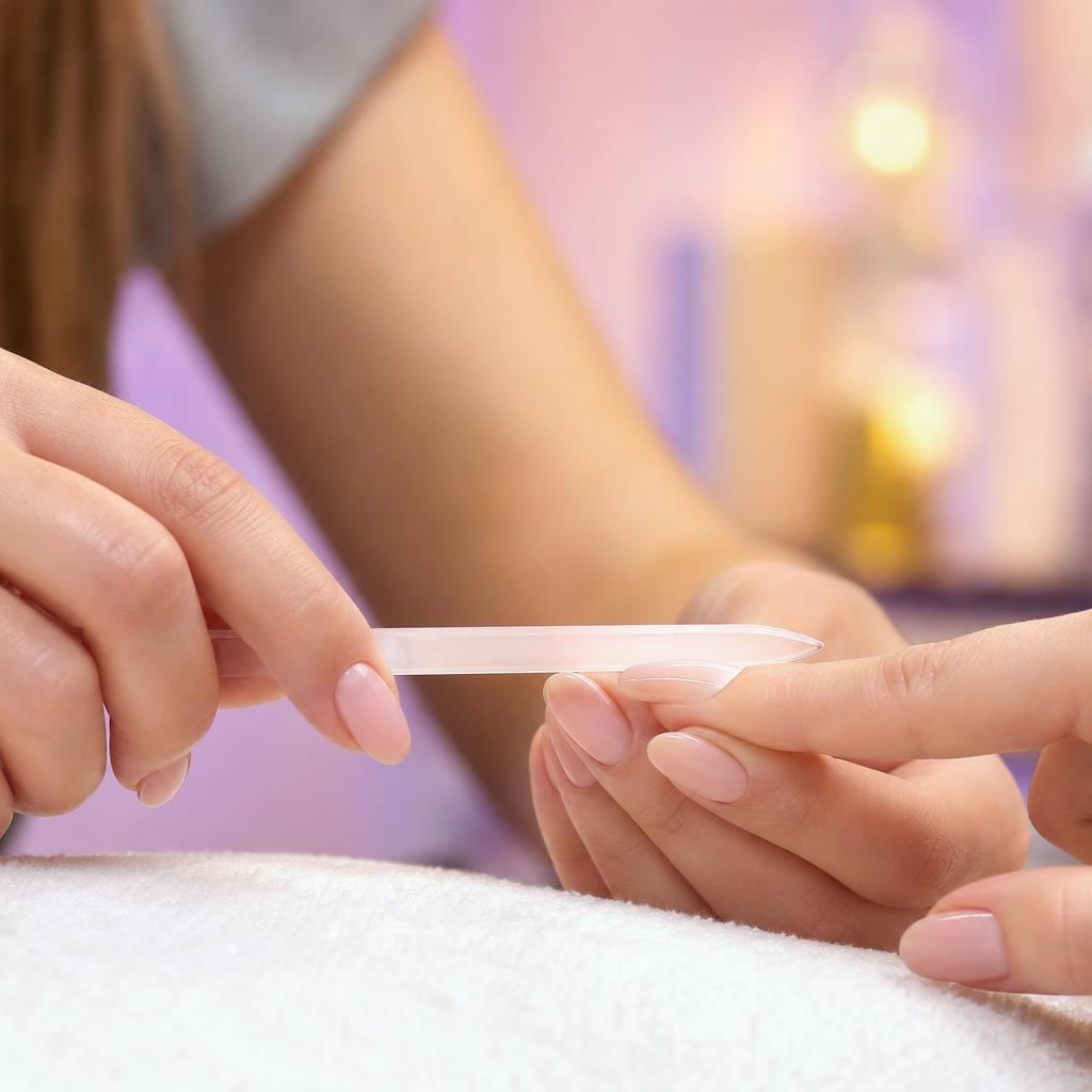 Nail technician gently shaping a client's nude-pink almond fingernail with a crystal glass nail file on a soft white towel