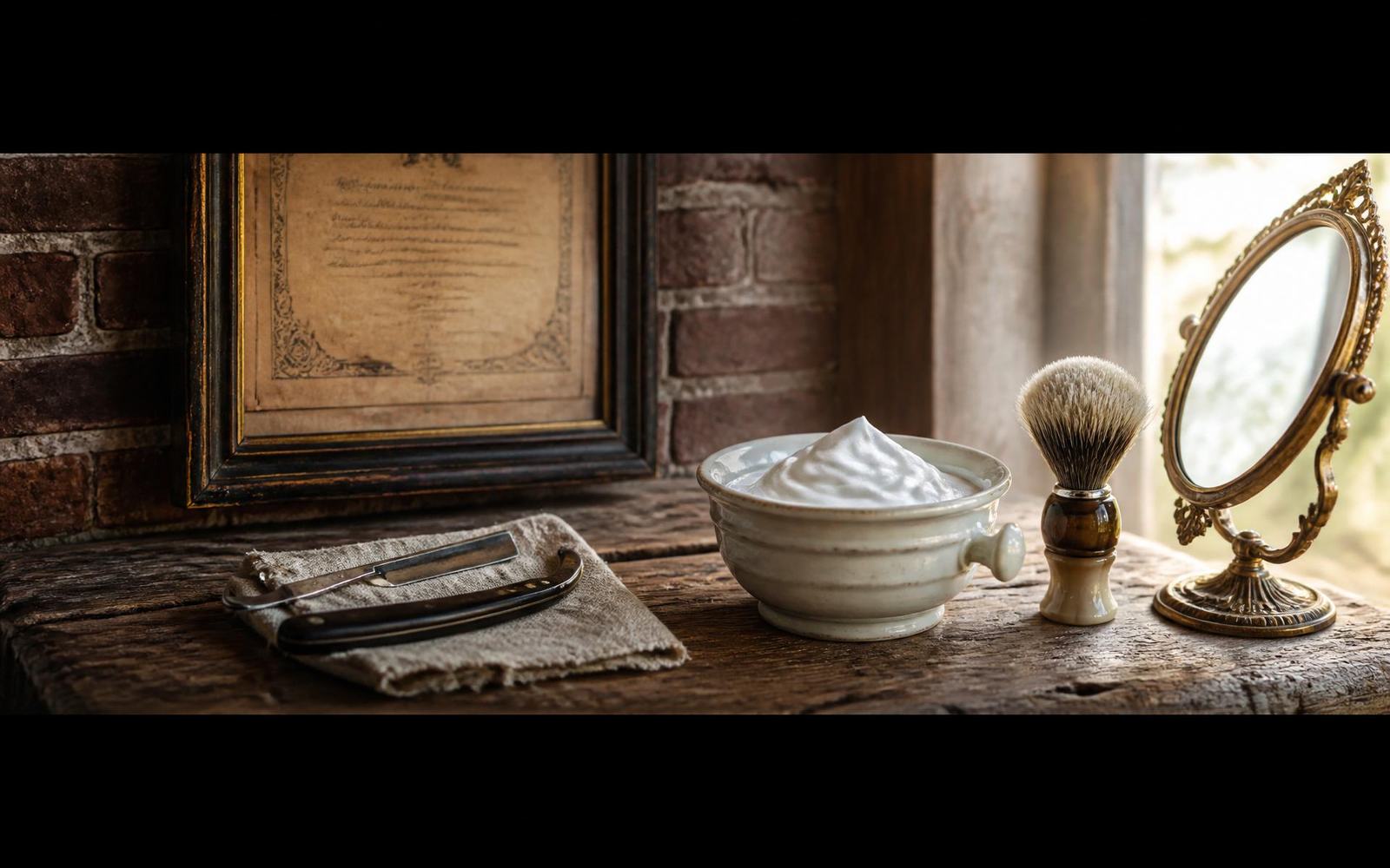 Cinematic panoramic salon heritage still life — shadowed exposed brick wall with framed vintage cosmetology license and vintage straight razor on linen cloth transitioning to a sunlit weathered wood bench with porcelain shaving bowl, badger-hair brush and ornate brass hand mirror