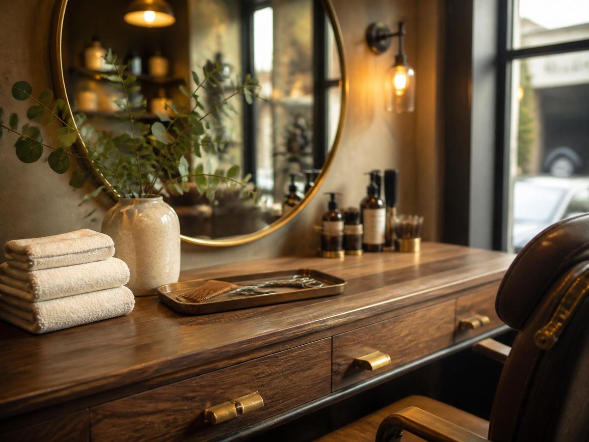 Warm boutique salon interior with a large brass round mirror, folded cream towels, ceramic vase of eucalyptus and a walnut styling station bathed in soft golden window light
