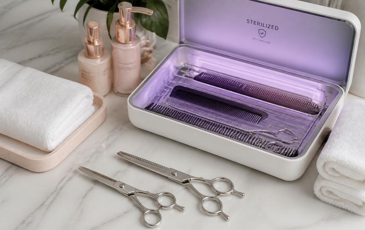 Professional salon scissors and combs sanitized on a clean marble counter