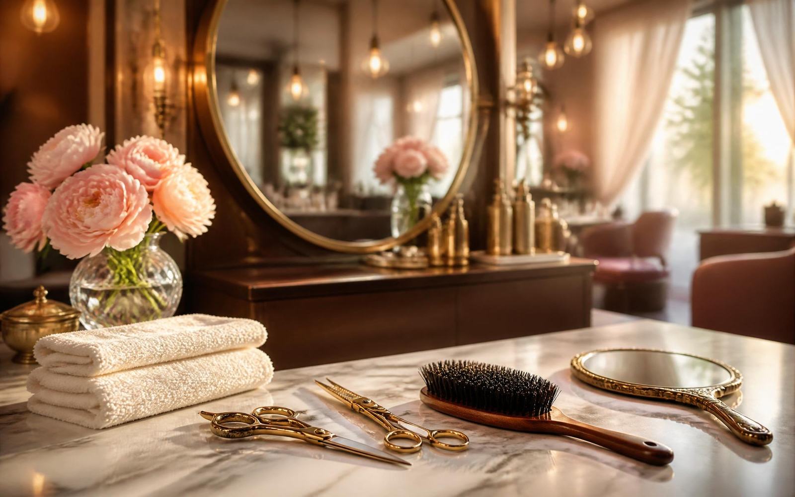 Professional stylist blow-drying a client's caramel-blonde hair in a warm blush-pink salon with gold arched mirrors and marble styling stations
