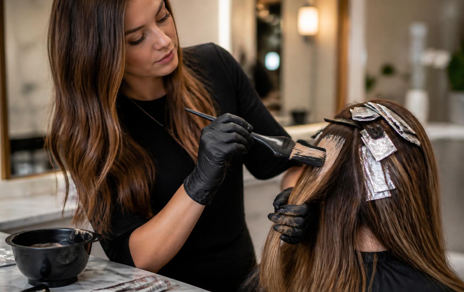 Licensed colorist applying dimensional highlights with foils and a tint brush on a client's brown hair in a bright modern salon